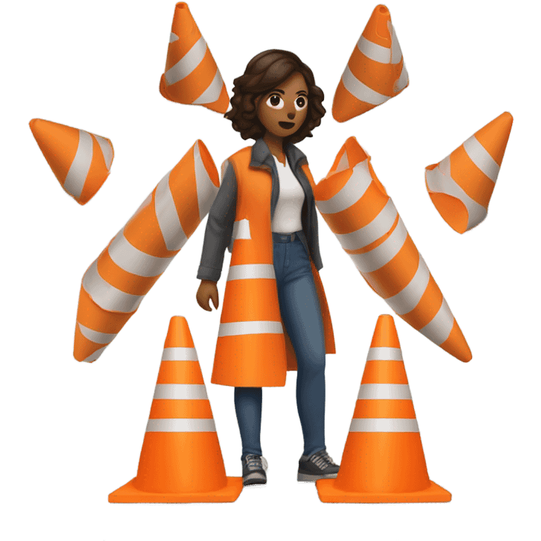 Woman surrounded by warning cones emoji