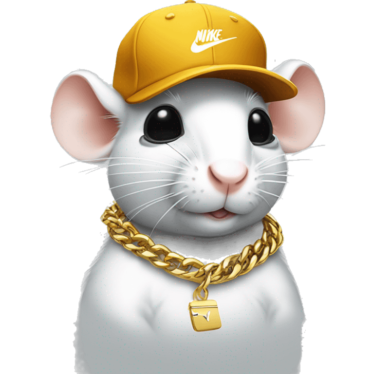 A white rat wearing a Nike cap with sunglasses and gold chains making a like gesture emoji