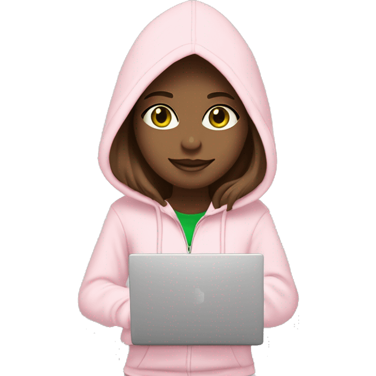 a girl with brown long hair, light beige skin, green eyes, is working relaxed at a modern laptop in a monochrome pale pink zip hoodie with a hood and a pink monochrome T-shirt emoji