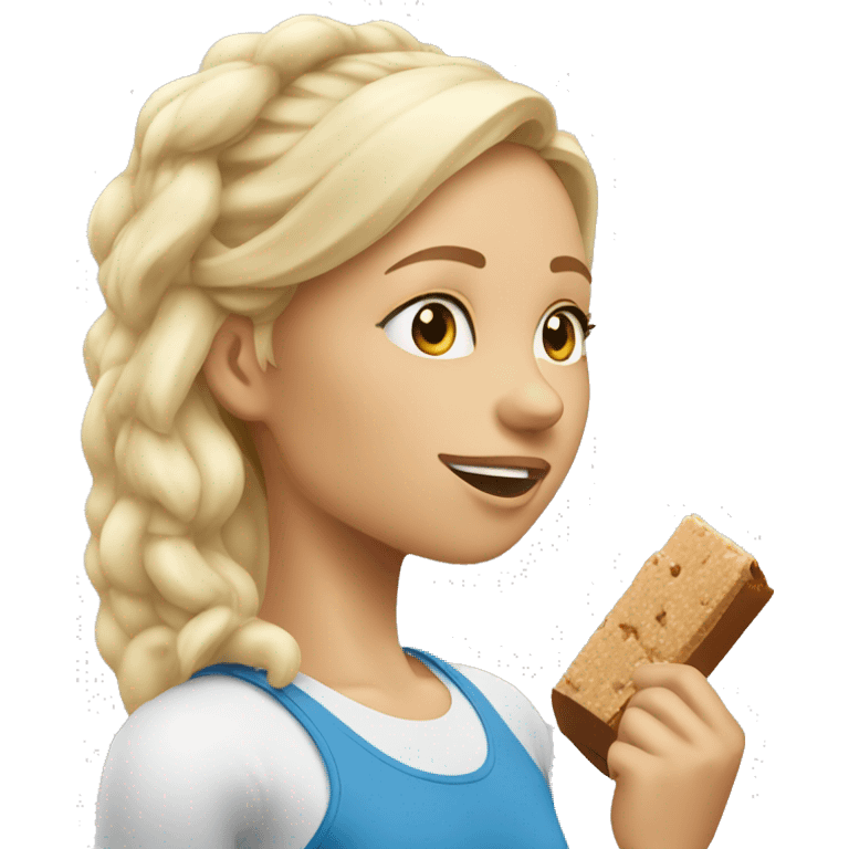 Side view realistic sporty blond girl eating protein bar  emoji