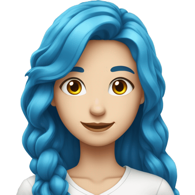 An attractive and impressive girl of European appearance with long blue hair and a white shirt smiles emoji