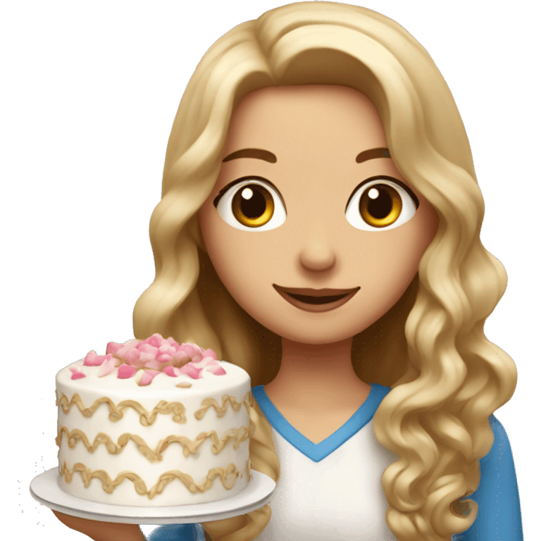 Russian girl with long blond wavy hair and girl with long brown straight hair together holding big white cake emoji