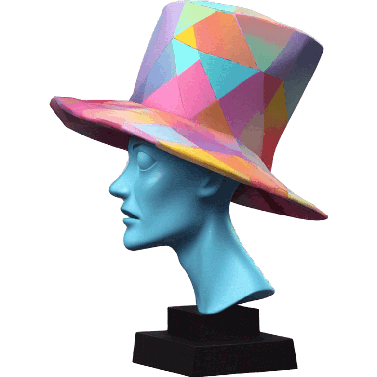 sculpture Mage hat without mannequin. Hat is geometric, faceted design. The hat is standing upright on a base with angular and baroque features. The vibrant midtone tints of pastels and pink highlights the sharp edges and planes. detailed hat emoji