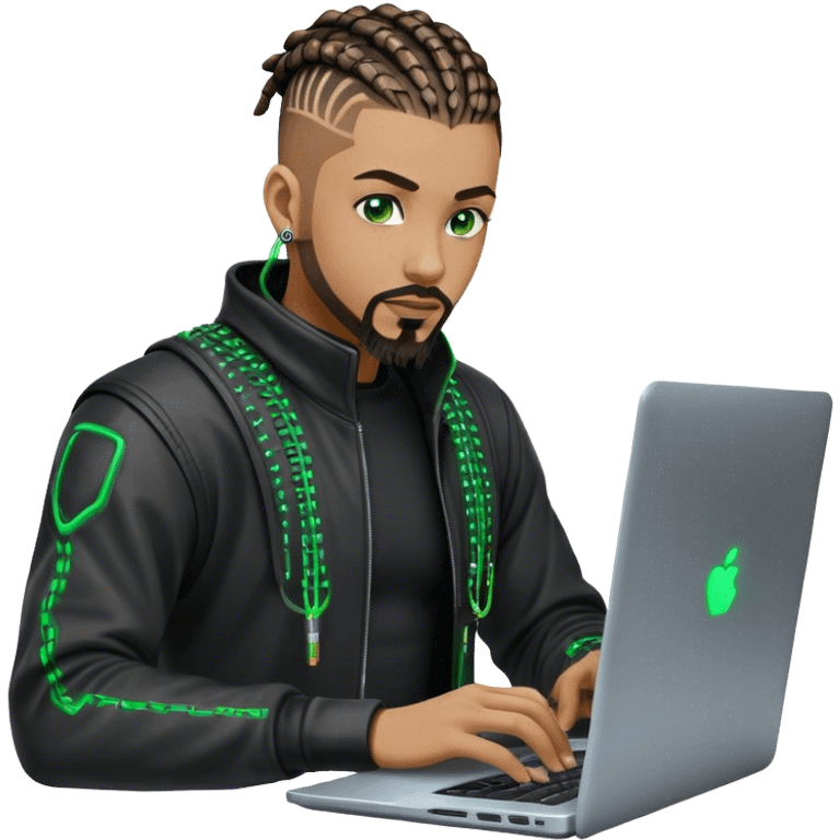 Light skinned African American male with green eyes as a cyberpunk hacker with cornrows hairstyle but short cornrows  with goatee facial hair  no beard hacking/coding on laptop  emoji