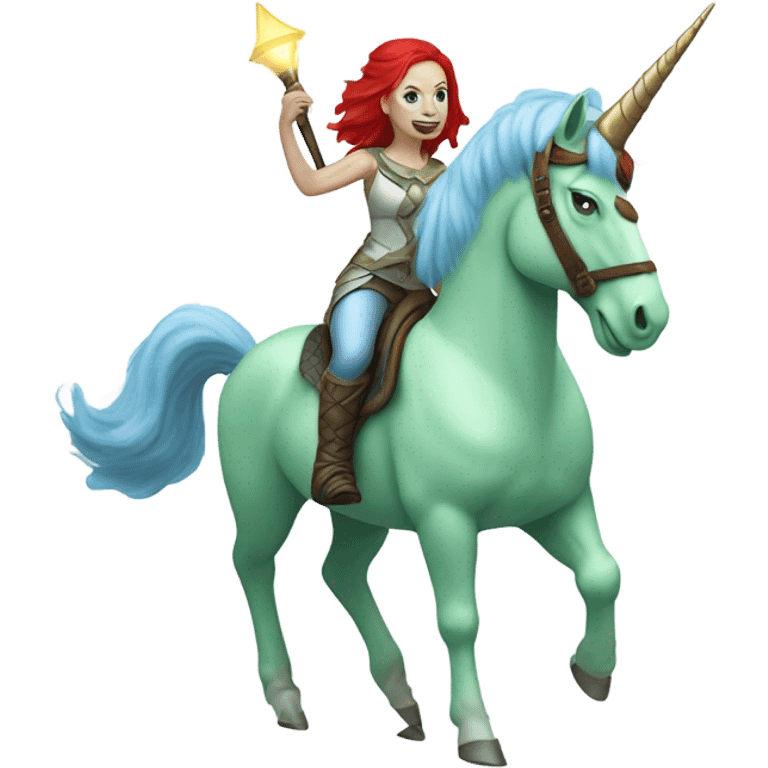 [
	{ a light green Amazon alien woman [ with red hair, with blue eyes]} 
	on a 
	[{ unicorn:[white, six-legged, light blue mane}]]] emoji