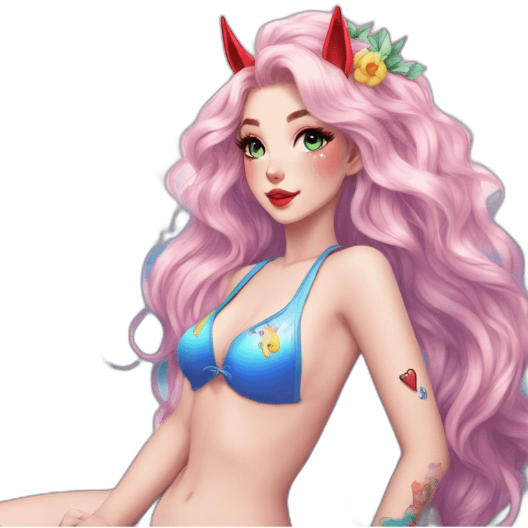 belle delphine catgirl hot blue eyes red lips rainbow unicorn swim-suit with tattoo emoji