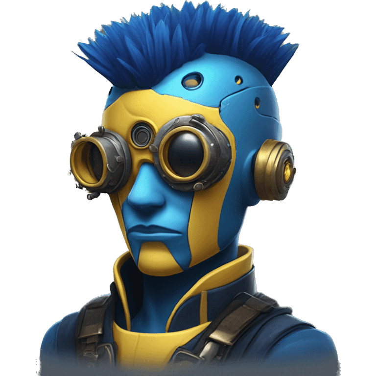 Yellow cyborg head with dark blue steampunk goggles and dark blue Mohawk  emoji