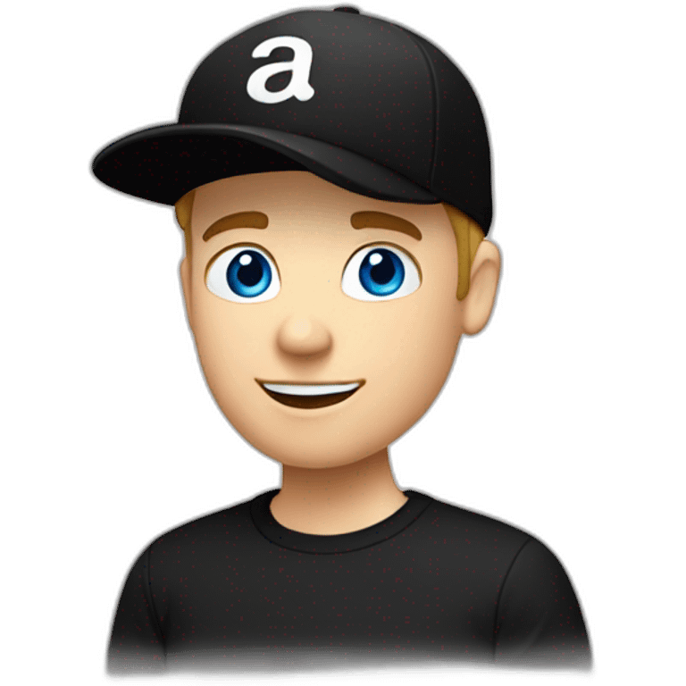 a blue-eyed white guy in a black cap backwards and in black t-shirt, vlogger emoji