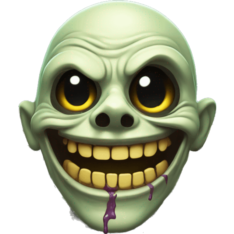 Create an image of a beaming zombie with a wide grin, holding a bright yellow smiley face emoji in its hands, surrounded by colorful flowers in a graveyard.
 emoji