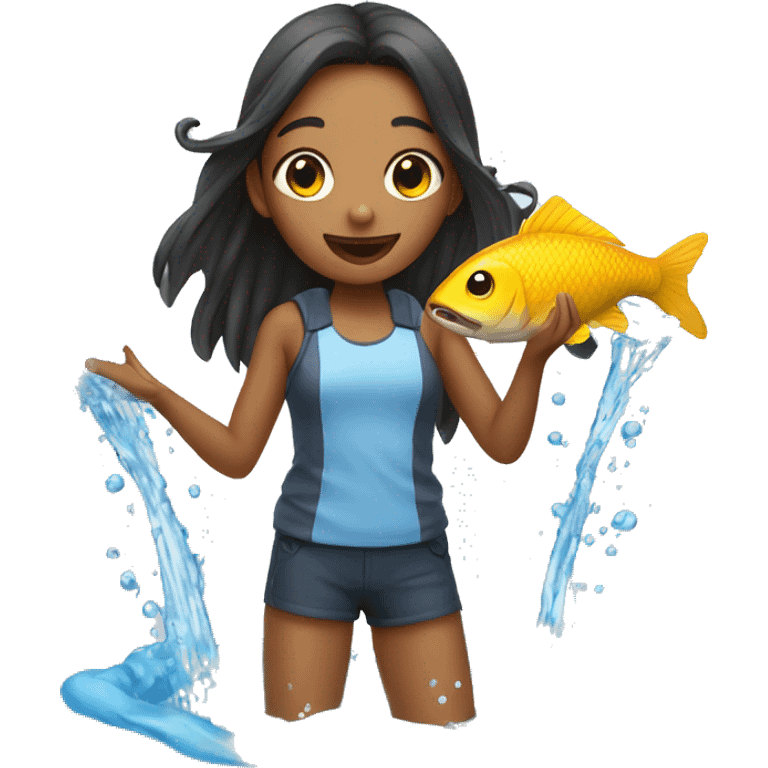 a girl is holding a fish, water splashing out emoji