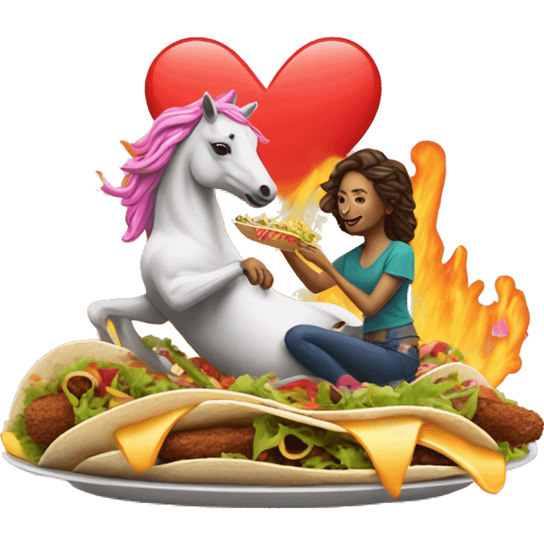 two women eating tacos, riding a unicorn surrounded, a neon heart that’s on fire emoji