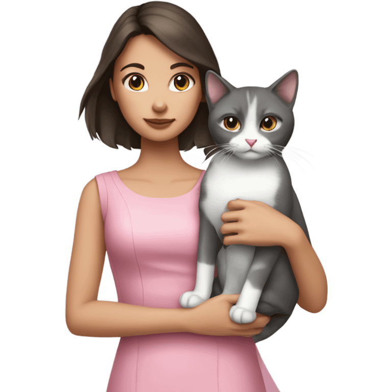 Brunette girl in pink dress holding grey and white cat emoji