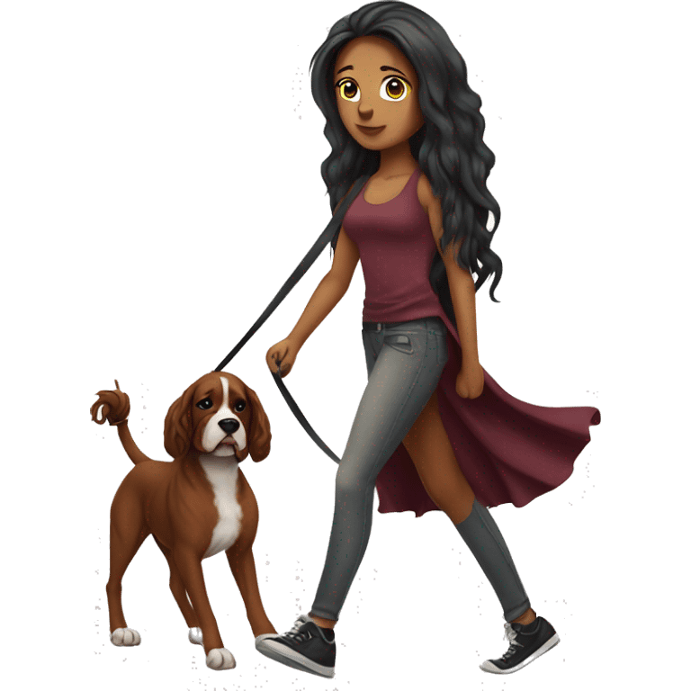 Beautiful tattooed  burgundy long haired woman walking a boxer dog emoji