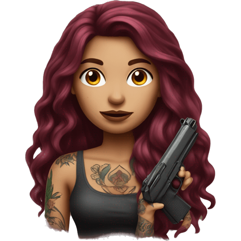 Beautiful tattooed burgundy long haired woman with a gun emoji