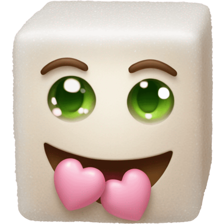 Sugar cube with granulated texture, pink hearts on cheeks, blushing smile, green and brown eyes with lashes emoji