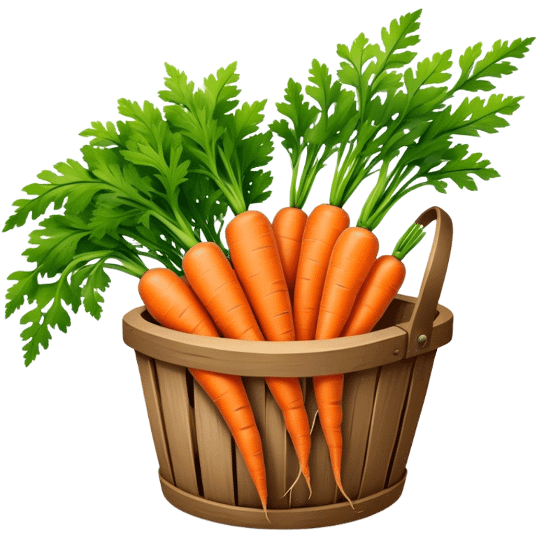 Cinematic vibrant orange carrot, crisp and fresh, slightly twisted with green leafy tops, arranged in a rustic wooden basket, natural and inviting. emoji