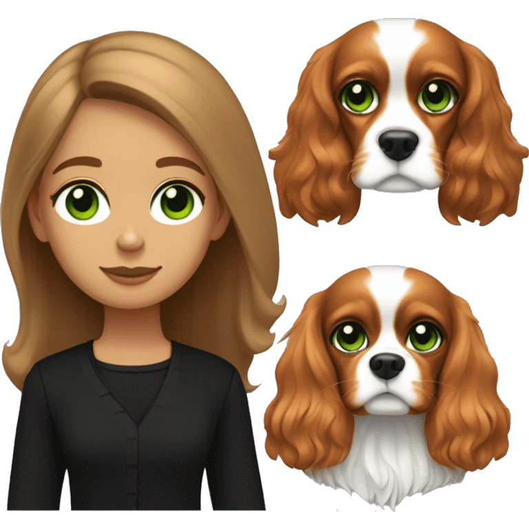 a girl with light brown long hair in black clothes, with green eyes and a Cavalier King Charles Spaniel emoji