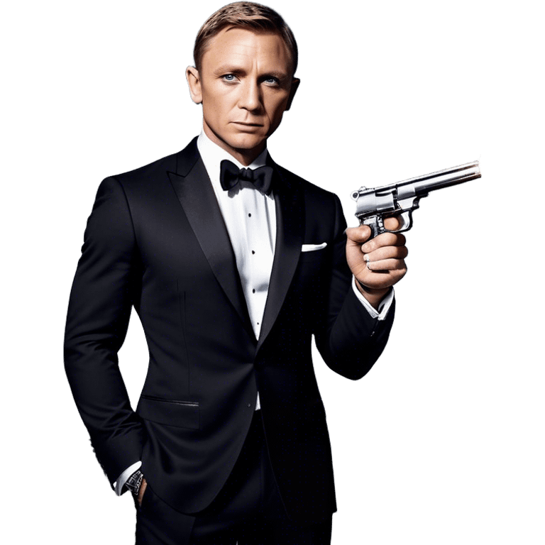 Cinematic Realistic James Bond Daniel Craig Portrait Emoji, depicted as the ultimate suave and enigmatic secret agent, donning a sharply tailored tuxedo, gripping a sleek handgun, with a piercing gaze that exudes confidence and danger. The scene is infused with moody, high-contrast cinematic lighting, evoking the thrilling world of espionage and intrigue. emoji