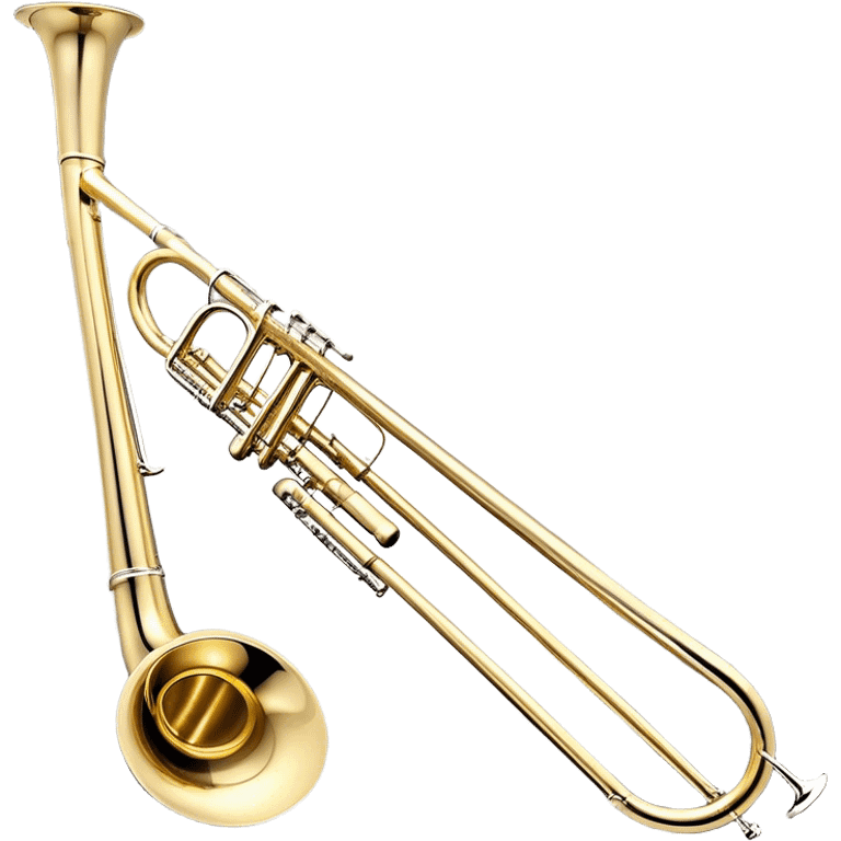 Create a sleek and professional emoji representing the Brahner TB-420 Bb/F tenor trombone. The design should feature the smooth, shiny brass body of the trombone with its distinct curved tubing and large bell. Highlight the tuning slide and the mouthpiece at the top of the instrument. The brass finish should be polished and reflective, with silver accents on the mouthpiece and tuning slide. Add subtle musical notes or soundwaves floating around the trombone to evoke its bold, brassy sound. Use golden and brass tones for the trombone with light reflections to emphasize its high-quality craftsmanship. The background should be transparent. emoji