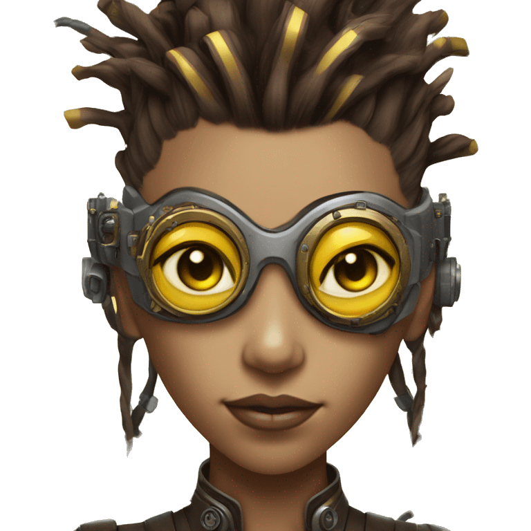 Brown with yellow streaks Mohawk hair female cyborg head, tan skin, steampunk goggles and circuits emoji