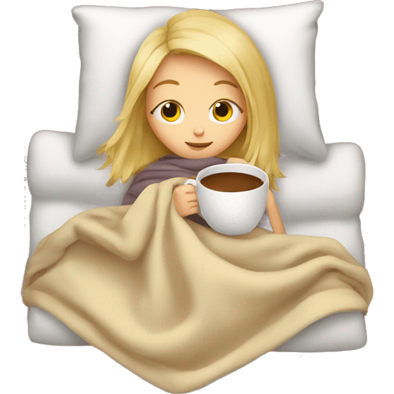 blond girl inside a blanket sipping coffee in bed emoji