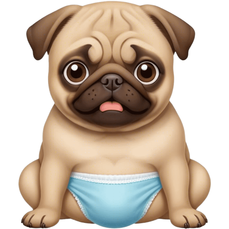 The pug poops on a diaper and looks into the frame with a funny face emoji