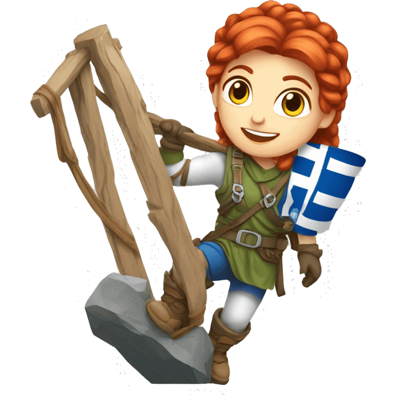 Greek Female winter mountaineer red hair white skin climbing with Greek Flag and Easter eggs basket emoji