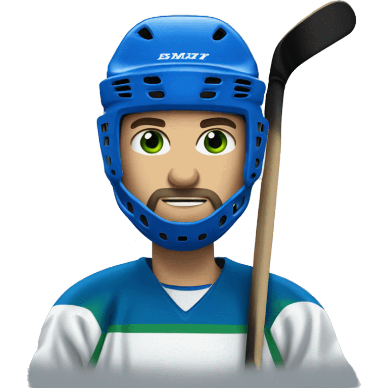 hockey player wearing blue helmet, with green eyes and beard emoji