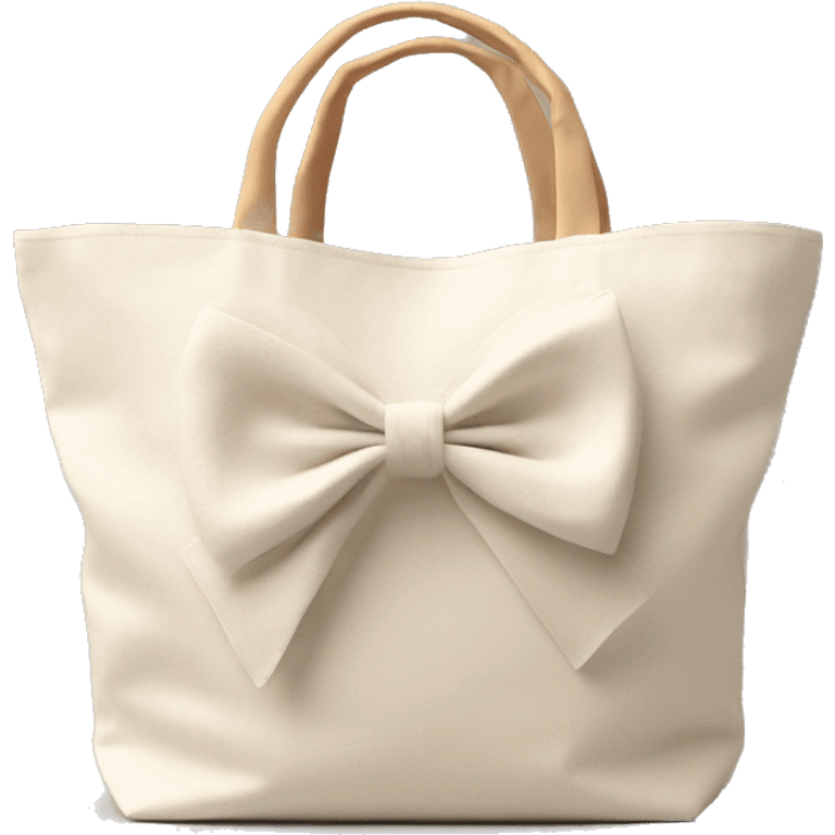 a white sand color tote bag made with soft cotton with a bow on the top of the handle. emoji