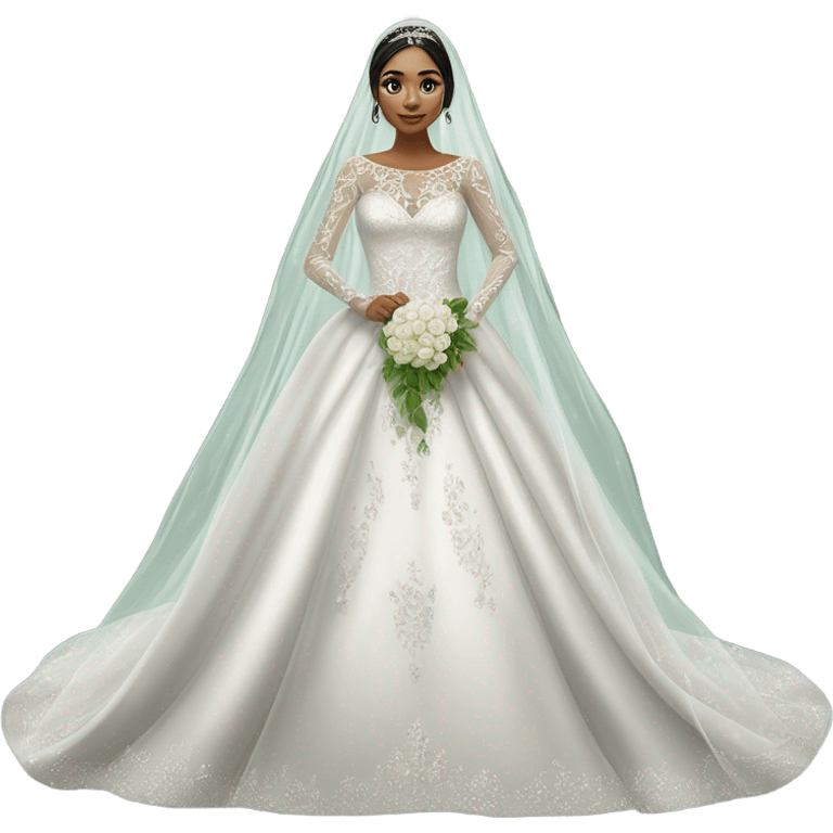 Hyper Realistic ornate ballgown long sleeve Wedding dress with diamanté on Russian bride with green eyes and long black hair with veil hyper realistic  emoji