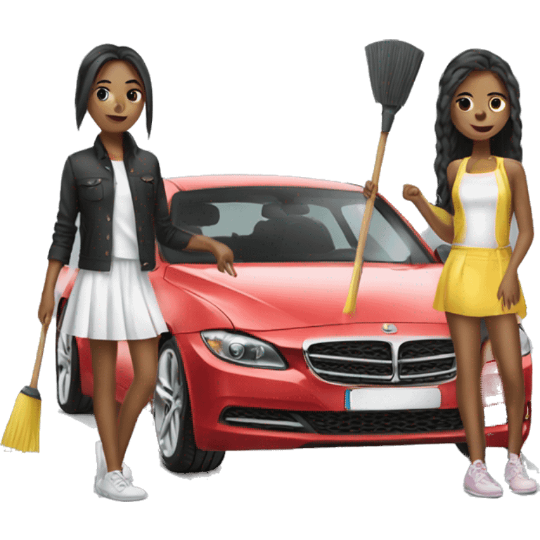 Two girls cleaning a expensive car with fashion clothes  emoji