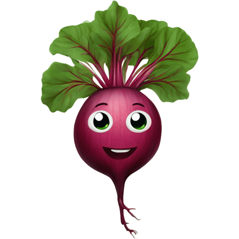 miling beetroot with big expressive eyes, rosy cheeks, and a green leaf on top. Simple and bright design with a cheerful and cartoonish style. emoji