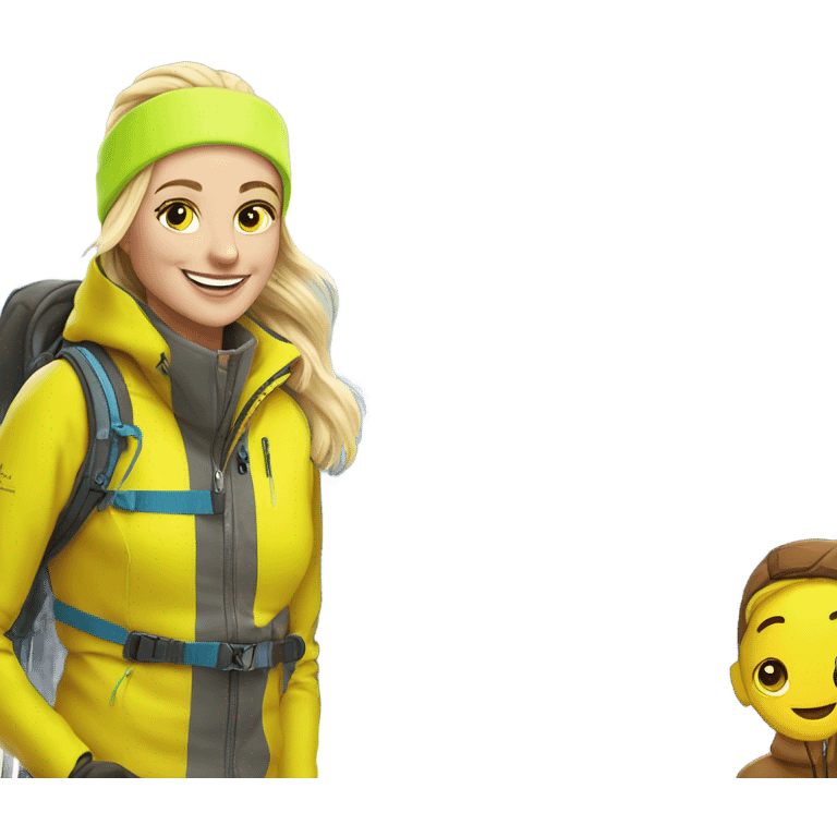 smiling blonde in outdoor jacket ski mountains behind me skiing passing a guy with a bright yellow fluorescent ski jacket with brown pants emoji