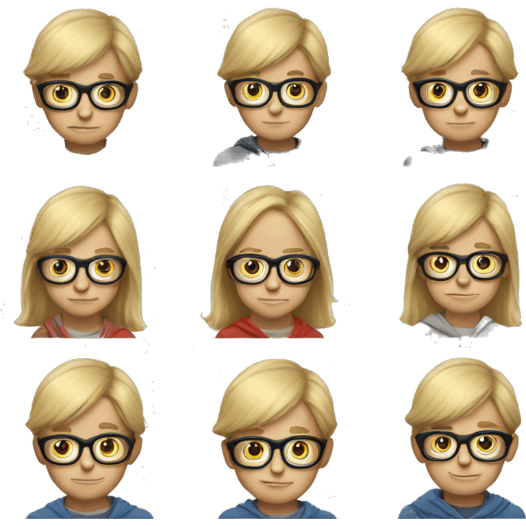 A blond young boy with glasse and a very big mou emoji