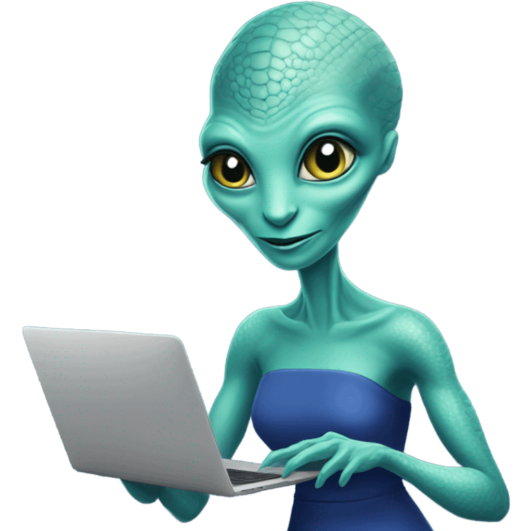  a Reptilian alien woman, in blue dress, working macbook on desktop emoji