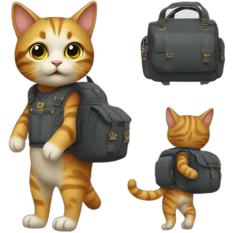 Small Cat wearing a side bag and standing on 2 legs like human emoji