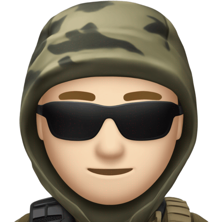 White male, call of duty black mask, camo tactical gear, camo pants, combat boots, black beanie, blue eyes emoji