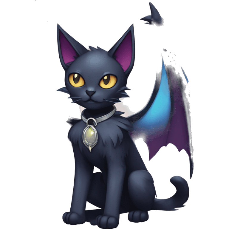   cool edgy beautiful anime-style ethereal dark-punk-themed animal vampiric cat-hybrid Fakemon with fangs and bat-wing-ears with a collar full body emoji