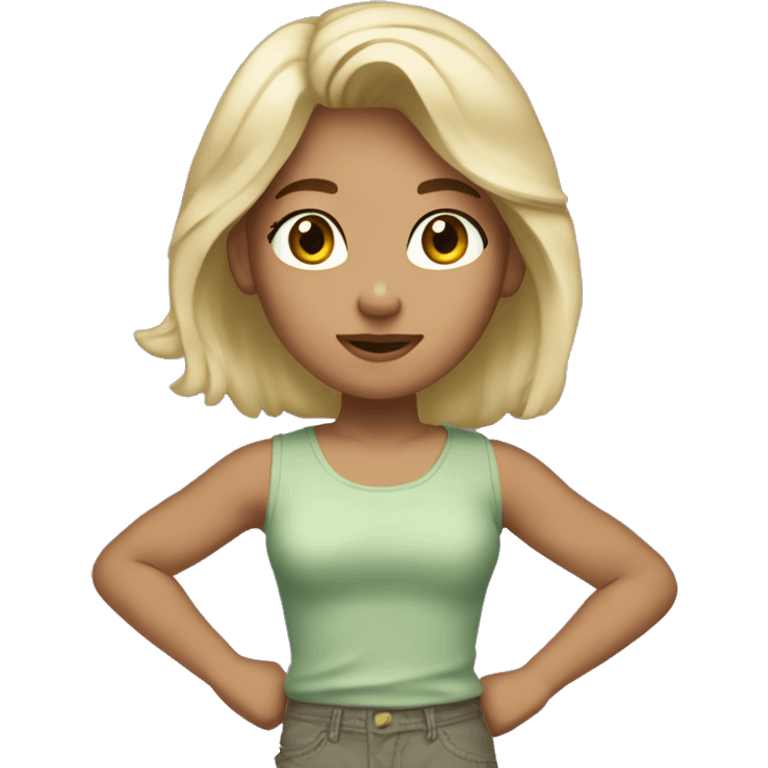 A 4,10 girl looks 5/10 blonde brown hair grey tank top will pale green Chicargo pants hazel eyes  emoji