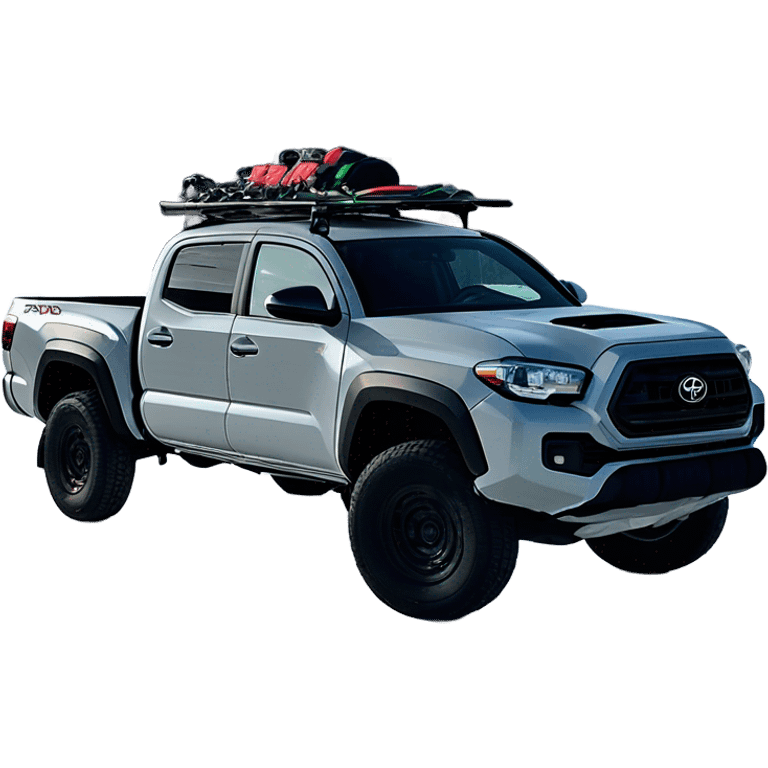 Cement grey Toyota Tacoma 2020 TRD pro with hard shell topper and ski rack parked in snow in front of a ski resort with dark tinted windows  emoji