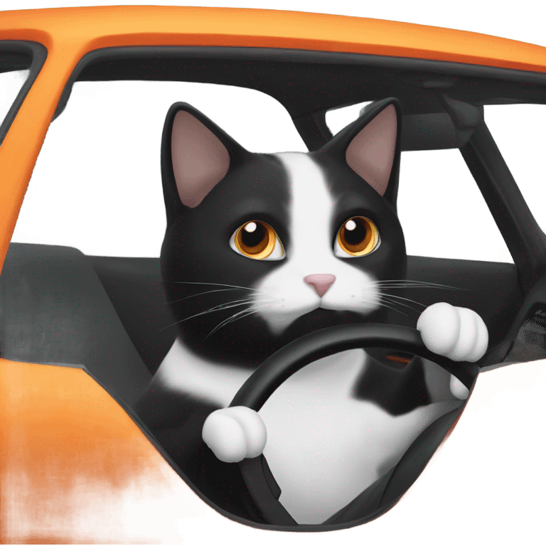 Black and white cat driving an orange car ￼ emoji