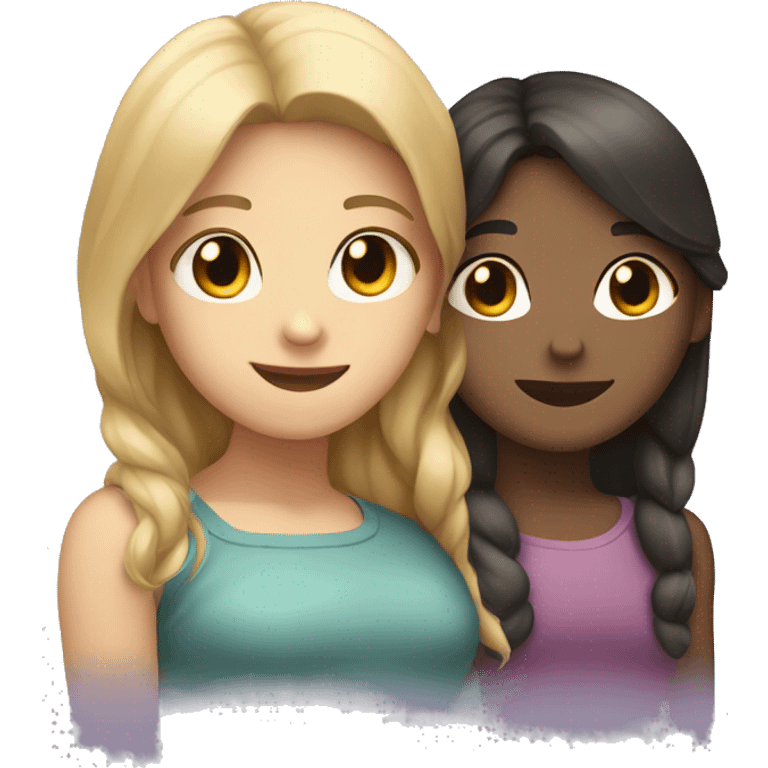 two girlfriends: one with light hair, the other with dark hair hugging emoji