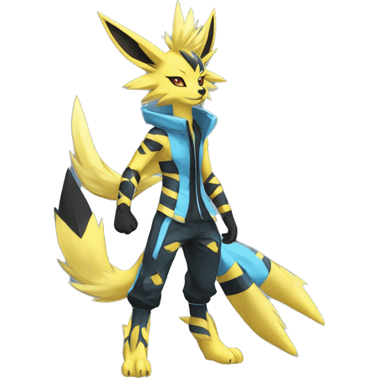 Anthro Edgy Cool Zeraora-Jolteon-Pokémon-Fakémon with shiny blue stripes Full Body Detailed High Quality emoji