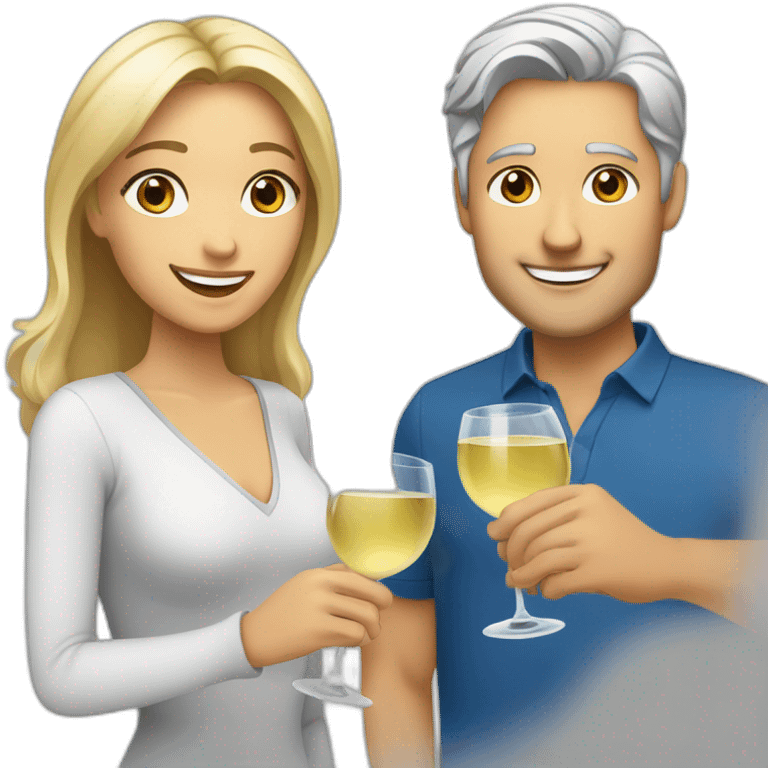 A woman with brown eyes and blond hair and a man with blue eyes and grey hair, they toast to each other with a glass of white wine. emoji