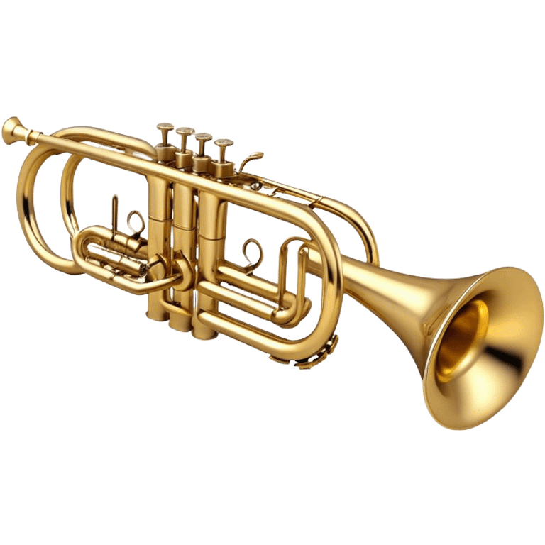 Create a sleek and professional emoji representing a Stomvi trumpet. The design should showcase the shiny, polished brass body of the trumpet with its distinct bell, valves, and tuning slides. Highlight the intricate keywork and the valve pistons, with detailed metallic accents and subtle reflections on the surface. The mouthpiece should be visible at the top of the instrument. Use golden and brass tones with light reflections to emphasize the smooth, high-quality finish. Add a few musical notes floating around the trumpet to evoke its bright and resonant sound. The background should be transparent. emoji