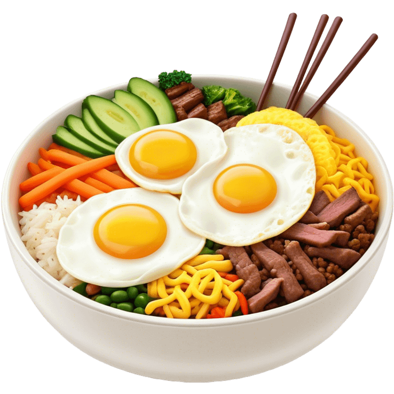 Cinematic Realistic Bibimbap Dish Emoji, showcasing a colorful bowl of mixed rice, assorted vegetables, beef, and a fried egg rendered with lifelike detail and vibrant, harmonious lighting. emoji