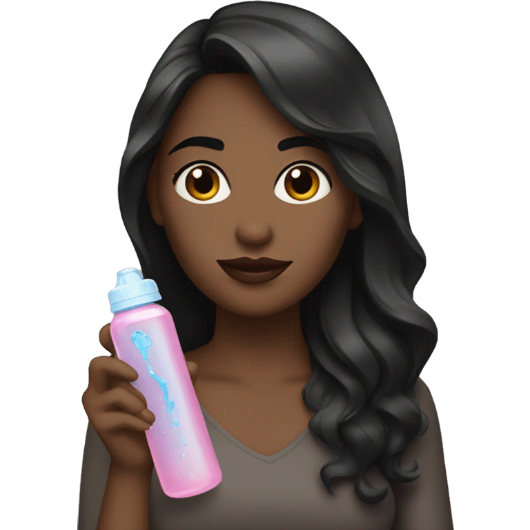 A dark haired women with a water bottle and a lipgloss emoji