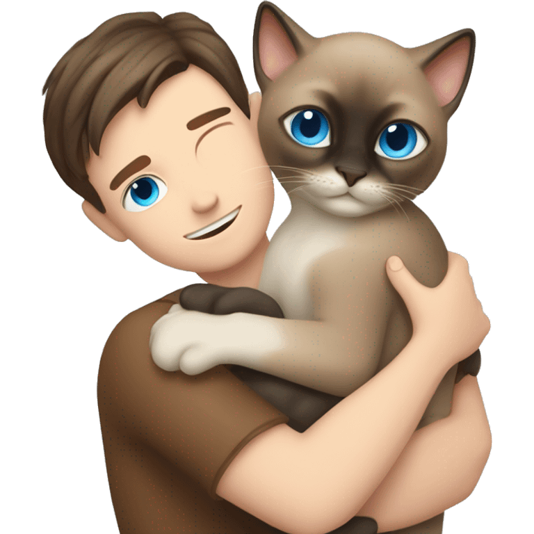 Siamese cat Hug a white boy who has long brown hair and blue eyes emoji