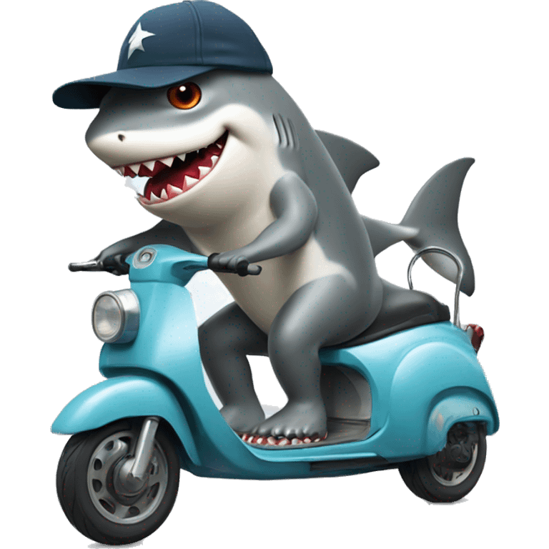 A shark riding a scooter with a backwards hat emoji