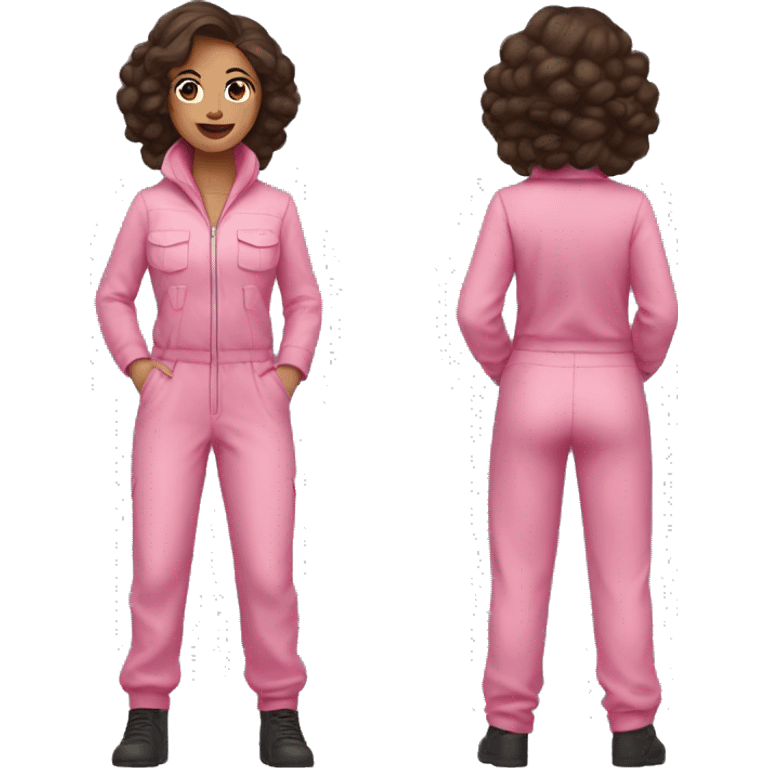 Woman dark brown hair  pink  full body jumpsuit flying emoji